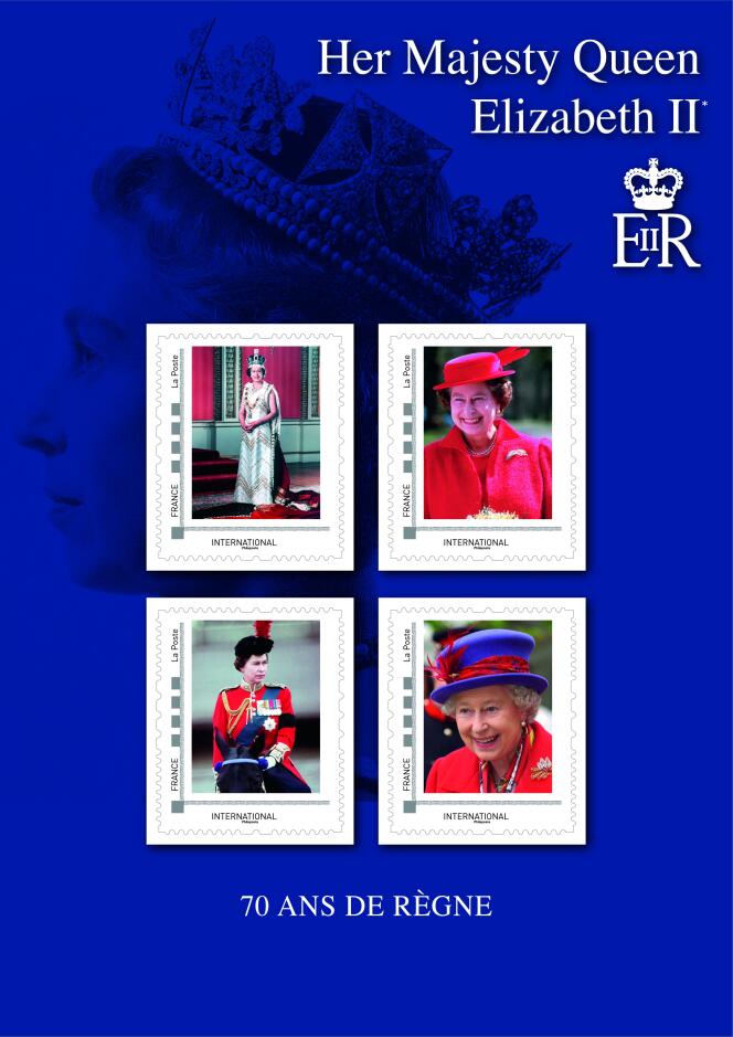 Collector de quatre timbres à l’effigie de la reine Elizabeth II (Photos : © Roger Viollet / PA Archive / TopPhoto / Peter Grugeon / John Hedgecoe – Création : agence Huitième Jour).
