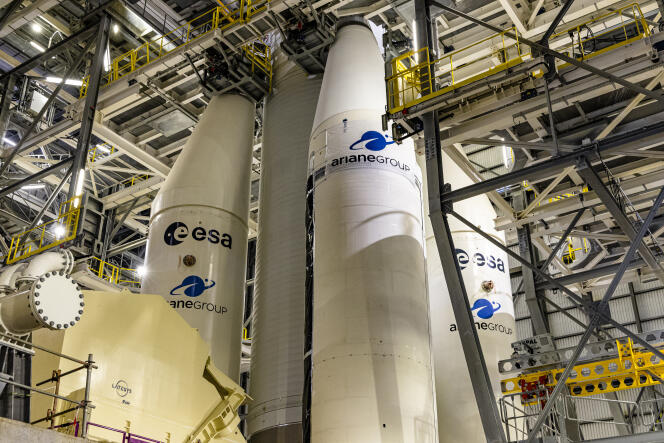 Le noyau central de la fusée Ariane 6, à Kourou, en Guyane, le 12 juillet 2022. 