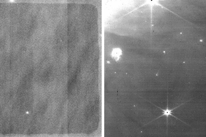 Steps of the transformation of a raw image of the Orion Nebula, taken by one of the telescope cameras, NIRcam.