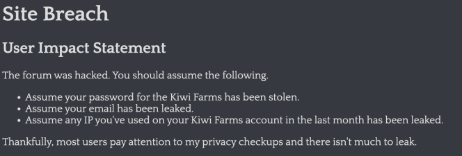 Capture d’écran du message annonçant le piratage de Kiwi Farms, visible à l’adresse du forum.