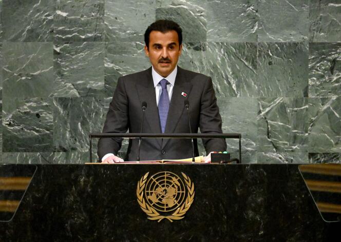 The Emir of Qatar, Sheikh Tamim Bin Hamad Al Thani, during his speech to the UN General Assembly, Tuesday September 20.