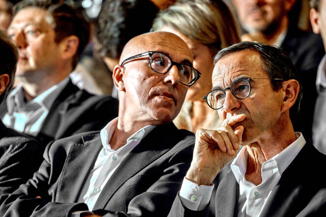 Le député des Alpes-Maritimes Eric Ciotti et le sénateur vendéen Bruno Retailleau, candidats à la présidence du parti Les Républicains, le 5 septembre 2022 au campus des jeunes du parti à Angers.