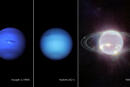 This composite image provided by NASA on Wednesday, Sept. 21, 2022, shows three side-by-side images of Neptune. From left, a photo of Neptune taken by Voyager 2 in 1989, Hubble in 2021, and Webb in 2022. In visible light, Neptune appears blue due to small amounts of methane gas in its atmosphere. Webb’s Near-Infrared Camera instead observed Neptune at near-infrared wavelengths, where Neptune resembles a pearl with thin, concentric oval rings. (NASA, ESA, CSA, STScI via AP)