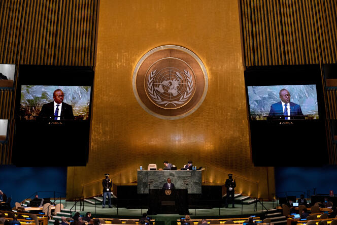 Le président de la Guinée-Bissau et de la Cedeao, Umaro Sissoco Embalo, à l’Assemblée générale des Nations unies, à New York, le 22 septembre 2022.