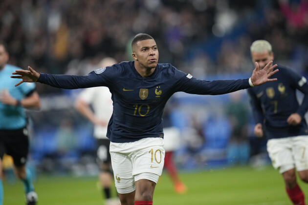 France striker Kylian Mbappé celebrates the goal he has just scored during a Nations League match between France and Austria, at the Stade de France, in Saint-Denis, on September 22, 2022.