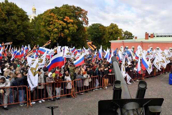 On September 23, 2022, a rally was held in St. Petersburg, Russia, in support of annexation referendums in the Russian-controlled regions of Ukraine.