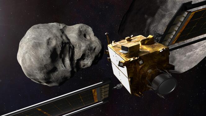 Impresión artística de la sonda DART antes de que se estrelle contra el asteroide Didymos.