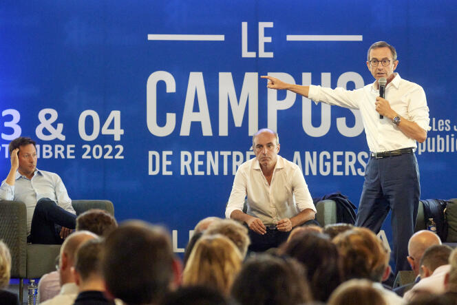 Bruno Retailleau, president of the LR group in the Senate, Olivier Marleix, boss of LR deputies, and MEP François-Xavier Bellamy (left), at the Young Republicans campus, in Angers, September 4, 2022.