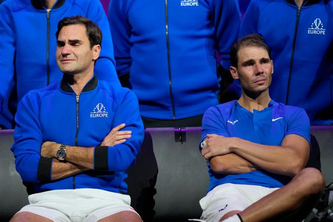 Roger Federer (left) after his last doubles match with Rafael Nadal, at the O2 Arena in London, September 23, 2022.