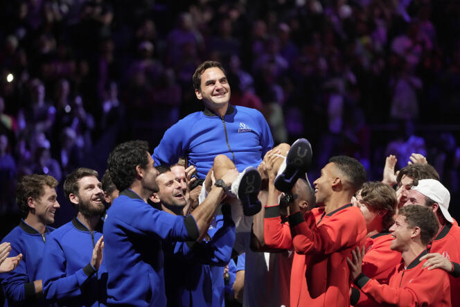 Roger Federer wins, after his last official match, at the O2 Arena in London, September 23, 2022. 