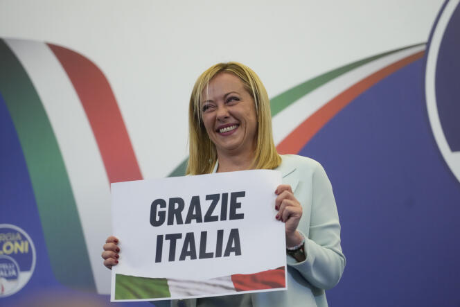 Giorgia Meloni, leader of the far-right Fratelli d'Italia party, at her movement's electoral headquarters in Rome on September 25, 2022. 