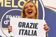 Giorgia Meloni after giving a speech at her party's campaign headquarters in Rome, on the night of September 26, 2022.
