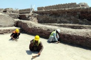 Workers cleaning up world cultural heritage monuments after damage caused by heavy monsoon rains in Mohenjo-daro, Pakistan, September 9, 2022.