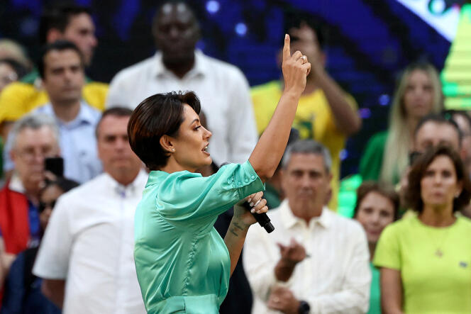 Michelle Bolsonaro lors d’un meeting de campagne de son mari, à Rio de Janeiro, le 24 juillet 2022.