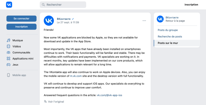 La page de VK sur l’App Store renvoie désormais vers un post – ici traduit en anglais – dans lequel l’entreprise explique que l’application y est désormais bloquée.