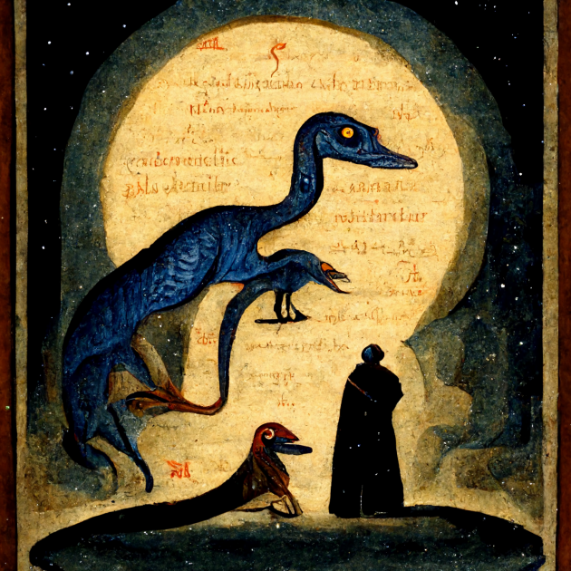 Pour obtenir cette image dans Midjourney, il fallait taper la requête : « Un vélociraptor et un moine, dans le style d’une enluminure médiévale ». 