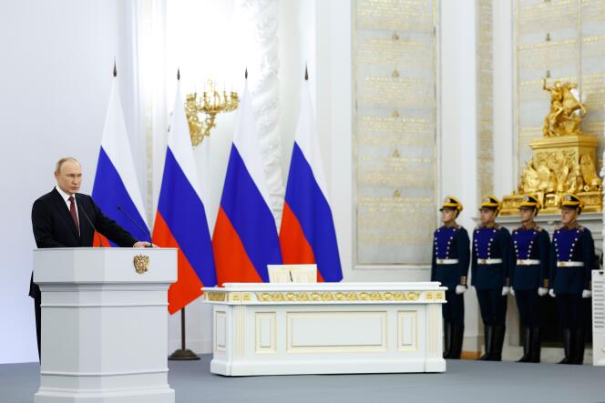 Russian President Vladimir Putin speaks during a ceremony to sign the treaties for four regions of Ukraine to join Russia, at the Kremlin on Friday.