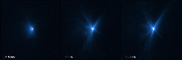 Combinaisons d’images fournies par l’ESA le 29 septembre 2022 et capturées par le télescope Hubble vingt-deux minutes, cinq heures et plus de huit heures après la collision entre la sonde DART et l’astéroïde Dimorphos. (AFP PHOTO/ESA/WEBB)