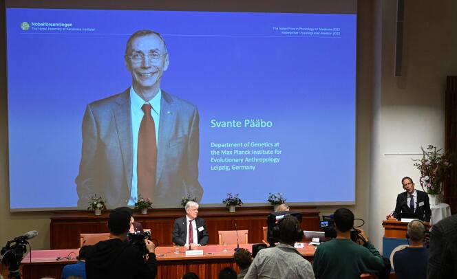 Secretary of the Nobel Committee for Physiology or Medicine Thomas Perlmann announces the winner of the 2022 Nobel Prize in Physiology or Medicine, during a press conference at the Karolinska Institute in Stockholm, on October 3, 2022. 