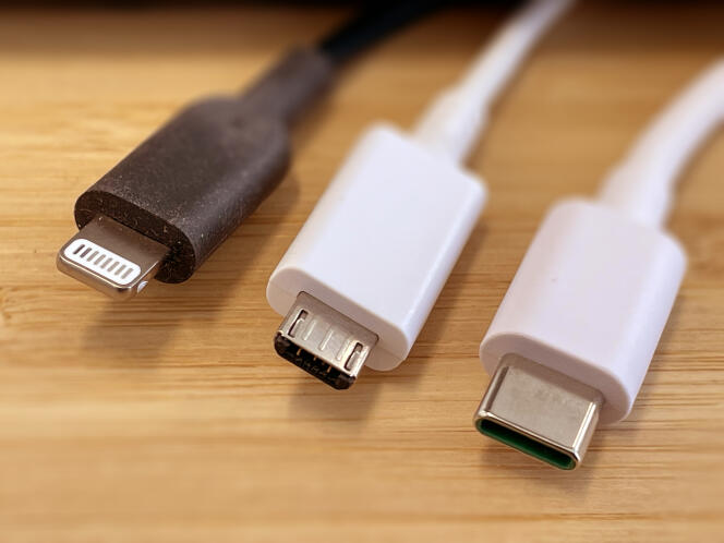 De gauche à droite : une prise Lightning, un connecteur plus ancien à la norme micro-USB, et une prise USB-C.