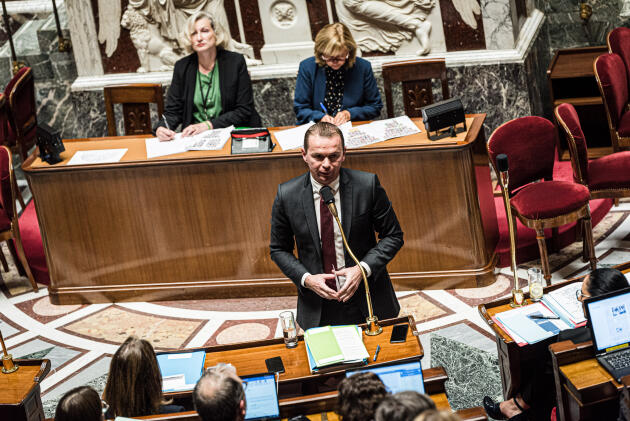 The Minister of Labor, Olivier Dussopt, speaks during the debate on the unemployment insurance reform project, at the National Assembly, on October 3, 2022.