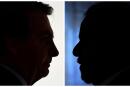 (COMBO) This combination of pictures created on October 4, 2022 shows the silhouette of Brazilian President Jair Bolsonaro (L) as he arrives for the Armed Forces General Officers promotion ceremony at Planalto Palace in Brasilia on December 9, 2019, and the silhouette of ex-Brazilian President Luiz Inacio Lula da Silva as he speaks during a press conference in Brasilia on October 8, 2021. Brazil's bitterly divisive presidential election will be decided in a runoff on October 30 as incumbent Jair Bolsonaro beat first-round expectations to finish a closer-than-expected second to front-runner Luiz Inacio Lula da Silva in the October 2 first round. (Photo by EVARISTO SA / AFP)