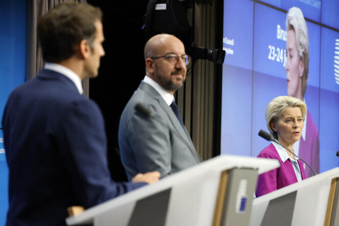 French President Emmanuel Macron, European Council President Charles Michel and European Commission President Ursula von der Leyen in Brussels on June 24, 2022.