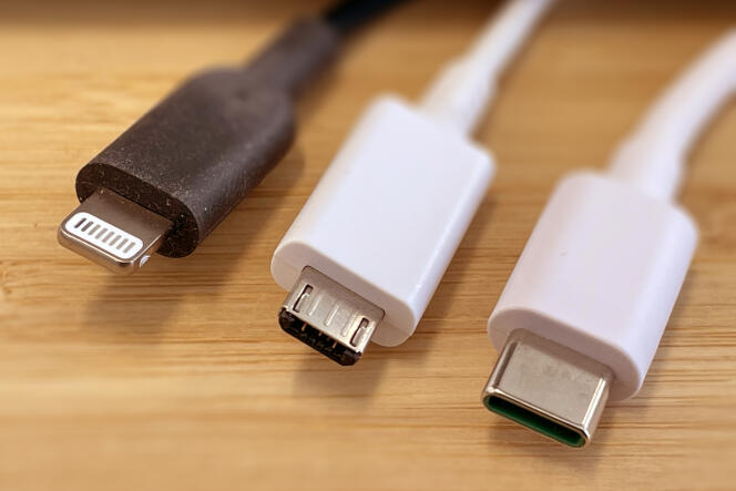 From left to right: a Lightning cable, an older micro-USB standard cable, and a USB type-C cable.