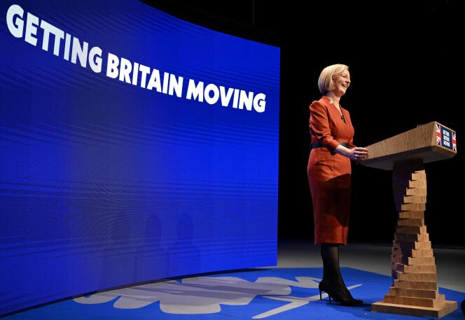 Britain's Prime Minister Liz Truss delivers her keynote address on the final day of the annual Conservative Party Conference in Birmingham, central England, on October 5, 2022.