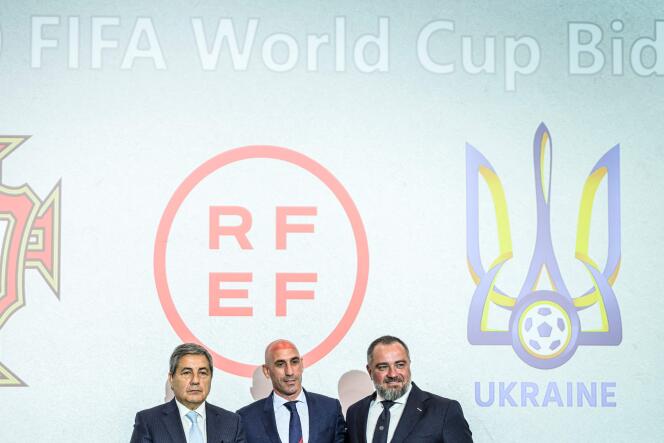 President of the Portuguese Football Federation Fernando Soares Gomes da Silva (L), President of the Spanish Football Federation Luis Rubiales (C) and President of the Ukraine Football Federation Andriy Pavelko (R) deliver a press conference announcing Spain, Portugal and Ukraine’s bid for the 2030 World Cup at the UEFA headquarters in Nyon on October 5, 2022.