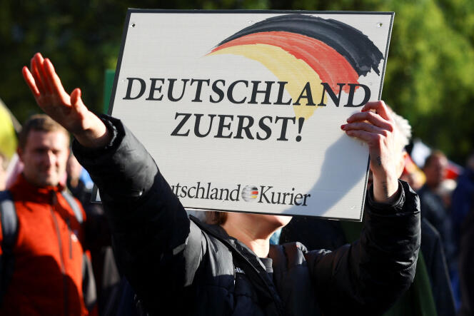 Zwolennik Alternatywy dla Niemiec (AfD) ze znakiem 