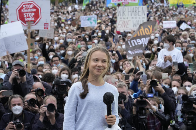 La militante suédoise pour le climat Greta Thunberg lors de la grève mondiale pour le climat « Fridays for Future » à Berlin, en Allemagne, le  24 septembre 2021.