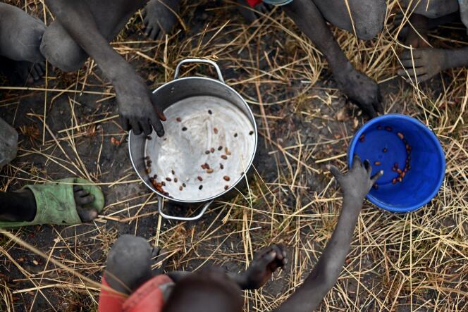 Des enfants ramassent des graines tombées au sol lors d’un largage de nourriture par avion dans un village du comté d’Ayod, au Soudan du Sud, en février 2020.