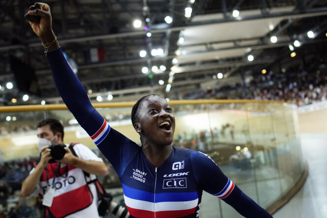 Marie-Divine Kouamé after her victory in the 500 meter race at the Worlds, in Saint-Quentin-en-Yvelines, Saturday October 15, 2022. 