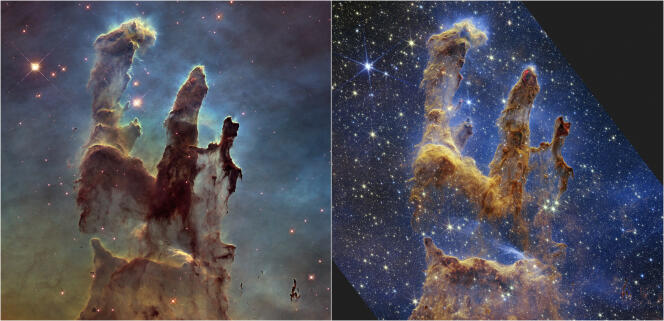 A gauche, les Piliers de la création » vus par le télescope Hubble, en 2014, et à droite, la photographie, plus précise, prise par le James-Webb, le 19 octobre 2022.