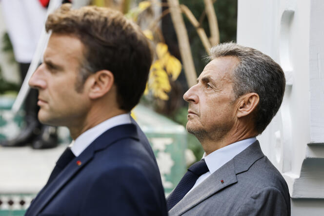 Emmanuel Macron and Nicolas Sarkozy at the Grand Mosque in Paris on October 19, 2022.