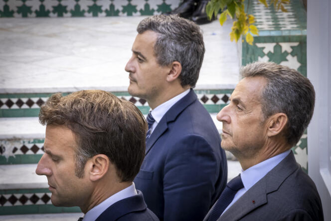 Emmanuel Macron, Nicolas Sarkozy y Gérald Darmanin, Ministro del Interior, participan en la conmemoración del centenario de la Gran Mezquita de París, 19 de octubre de 2022.