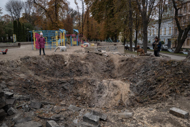 The impact of a strike that almost hit a playground in Kyiv, Ukraine, on October 10, 2022. This photo was taken on October 14, 2022.