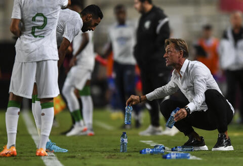 FILE - Saudi Arabia's coach Herve Renard talks to a player during the international friendly soccer match between Saudi Arabia and United States in Murcia, Spain, Tuesday, Sept. 27, 2022. (AP Photo/Jose Breton, File)
