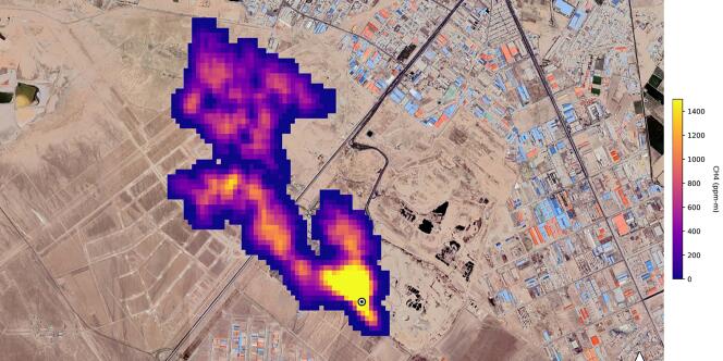 En Iran, au sud de Téhéran, un panache de méthane d’au moins 4,8 kilomètres a été observé par la mission EMIT.
