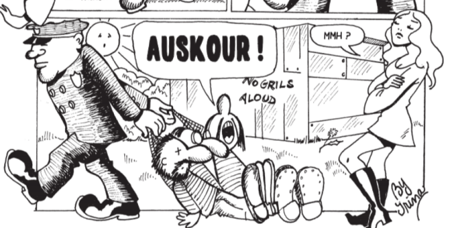 French version of the panel drawn by Trina Robbins in which she parodies her male peers and denounces the misogyny of underground comics in the pages of 