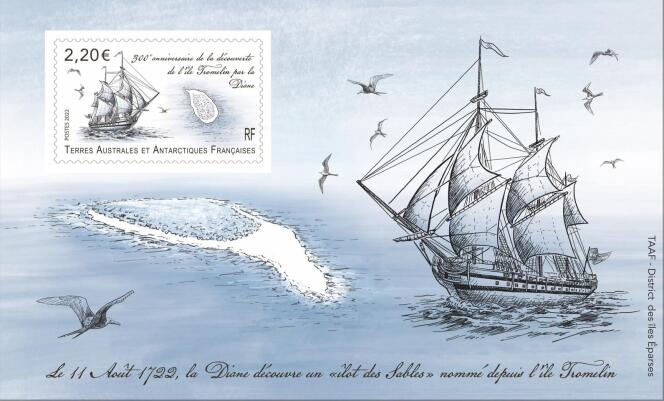 « 300 ans de la découverte de l’île Tromelin », dessiné et gravé par Line Fiklhon. Impression mixte offset/taille-douce. Tirage : 20 000.