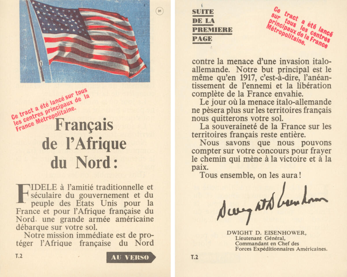 Tract (recto et verso) distribué, lors de l’opération « Torch », par l’armée américaine, en 1942.