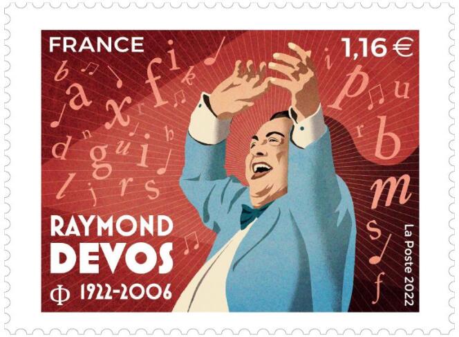 « Raymond Devos. 1922-2006 », création de Mathieu Persan, d’après photo (c) de Jacky Van Sull/Fondation Raymond-Devos. Impression en héliogravure.