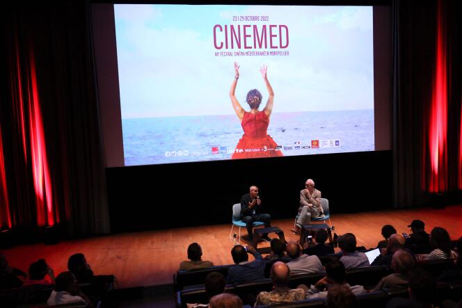 Franco-Tunisian director Abdellatif Kechiche at the microphone during his master class at the Cinemed festival in Montpellier, October 28, 2022. 