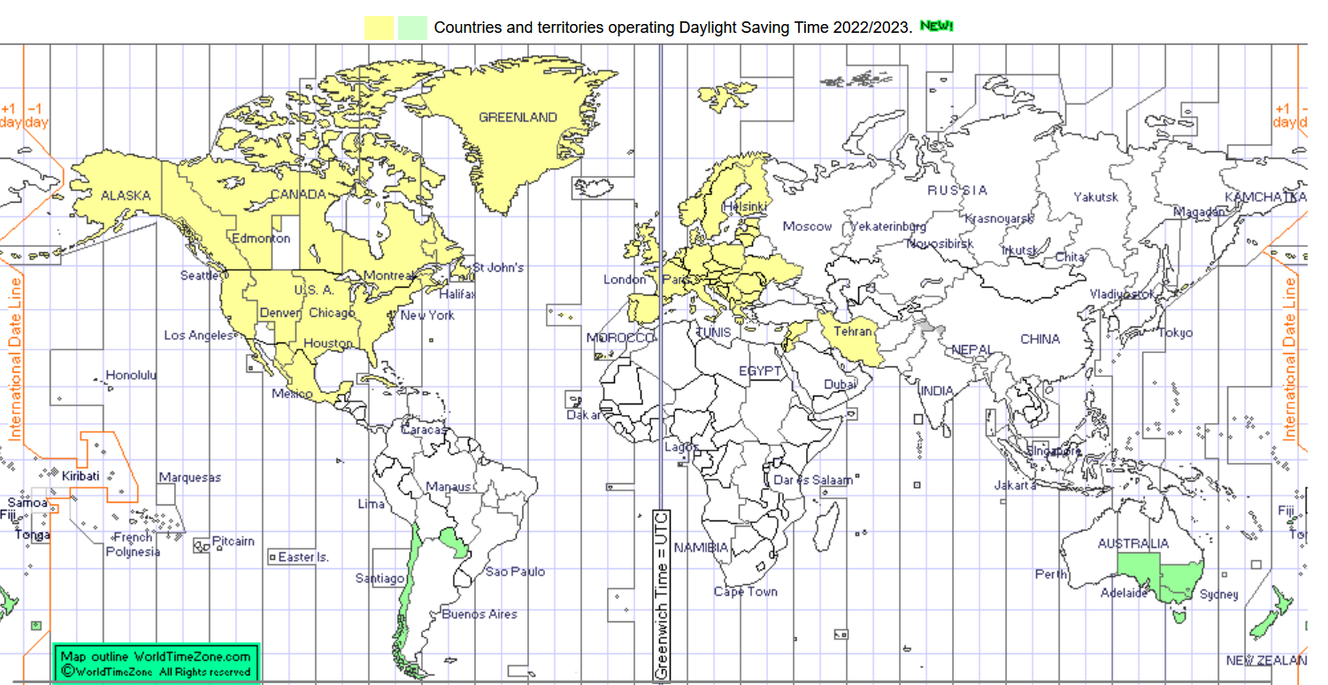 En jaune et en vert figurent les pays qui appliquent le changement d’heure. En blanc, ceux qui n’appliquent pas le changement d’heure.