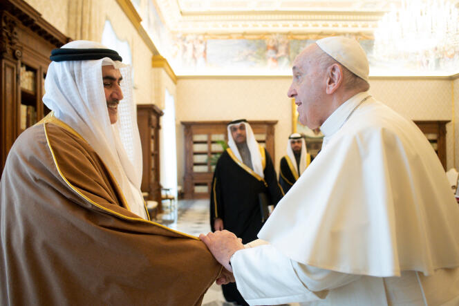 Sheikh Khaled Bin Ahmed Al Khalifa, former foreign minister of Bahrain, and Pope Francis, during a private audience at the Vatican, November 25, 2021.
