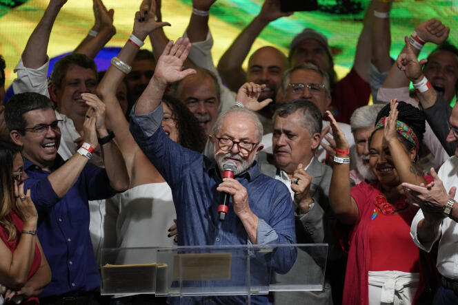 Former Brazilian president Luiz Inacio Lula da Silva celebrates defeating incumbent Jair Bolsonaro in a presidential run-off election to become the country's next president. In Sao Paulo, Brazil, on October 30, 2022. 