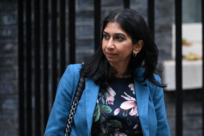 British Home Secretary Suella Braverman leaves a meeting with the new Rishi Sunak government at Downing Street in London on October 26, 2022.