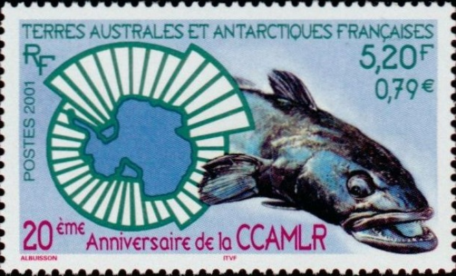 « 20e anniversaire de la CCAMLR » : timbre-poste émis par le territoire des Terres australes et anatarctiques françaises en 2001.